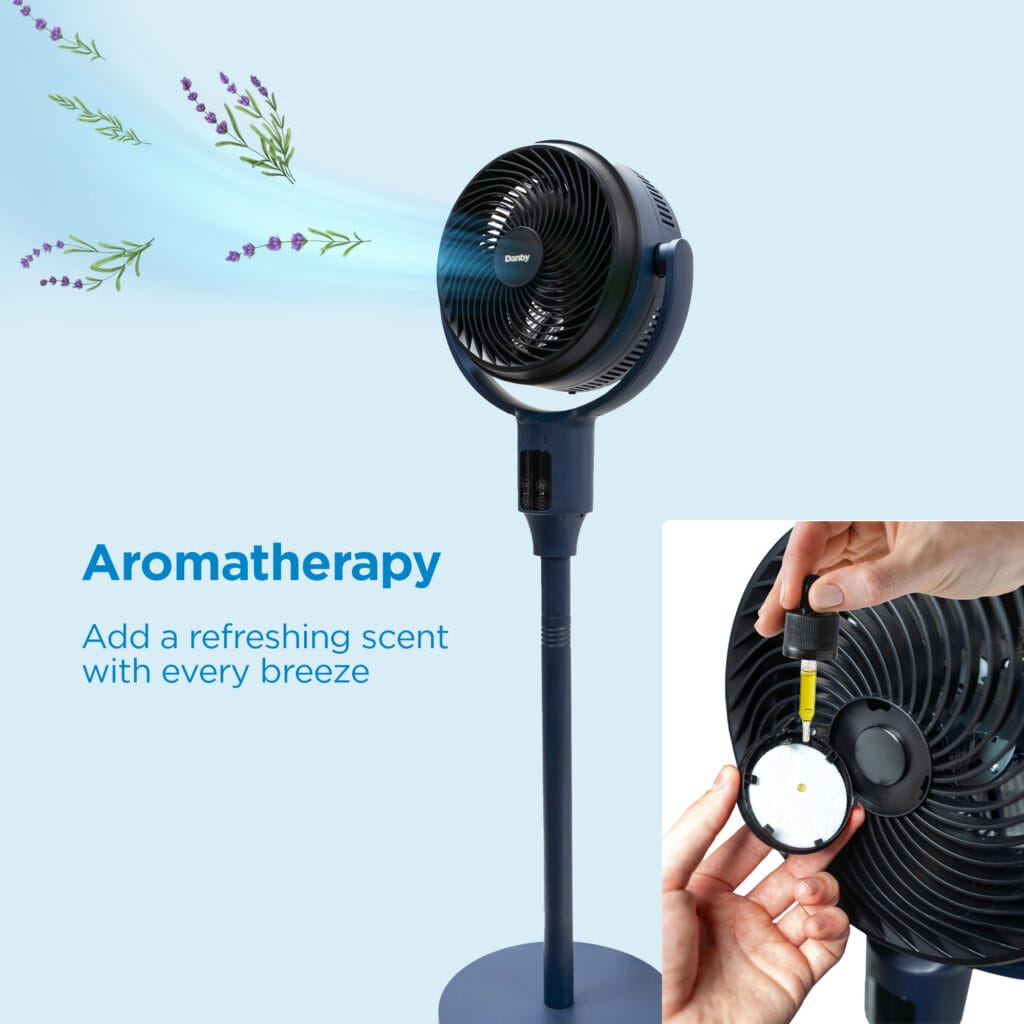 Danby 7" Ultra Quiet 9-Speed Air Circulator Fan – Midnight Blue with DC Motor, Remote & Aromatherapy