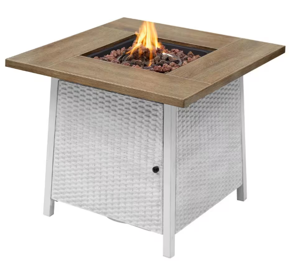 Tucson 30" White Steel Propane Fire Pit Table – 50,000 BTU with Lava Rocks & Wood-Look Tile Top