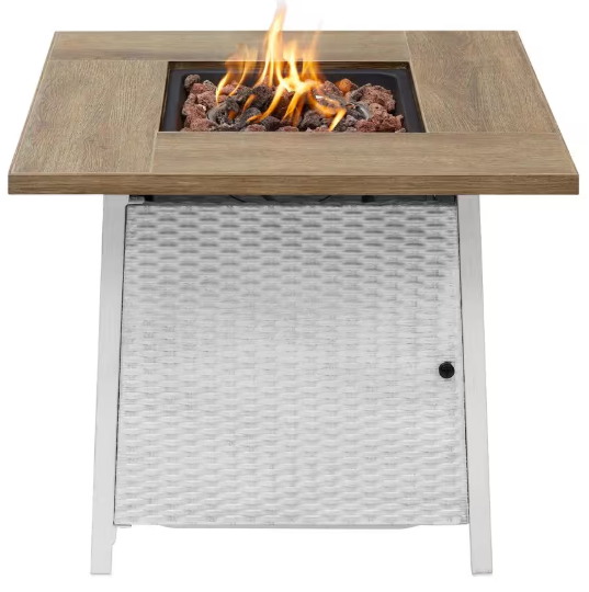 Tucson 30" White Steel Propane Fire Pit Table – 50,000 BTU with Lava Rocks & Wood-Look Tile Top