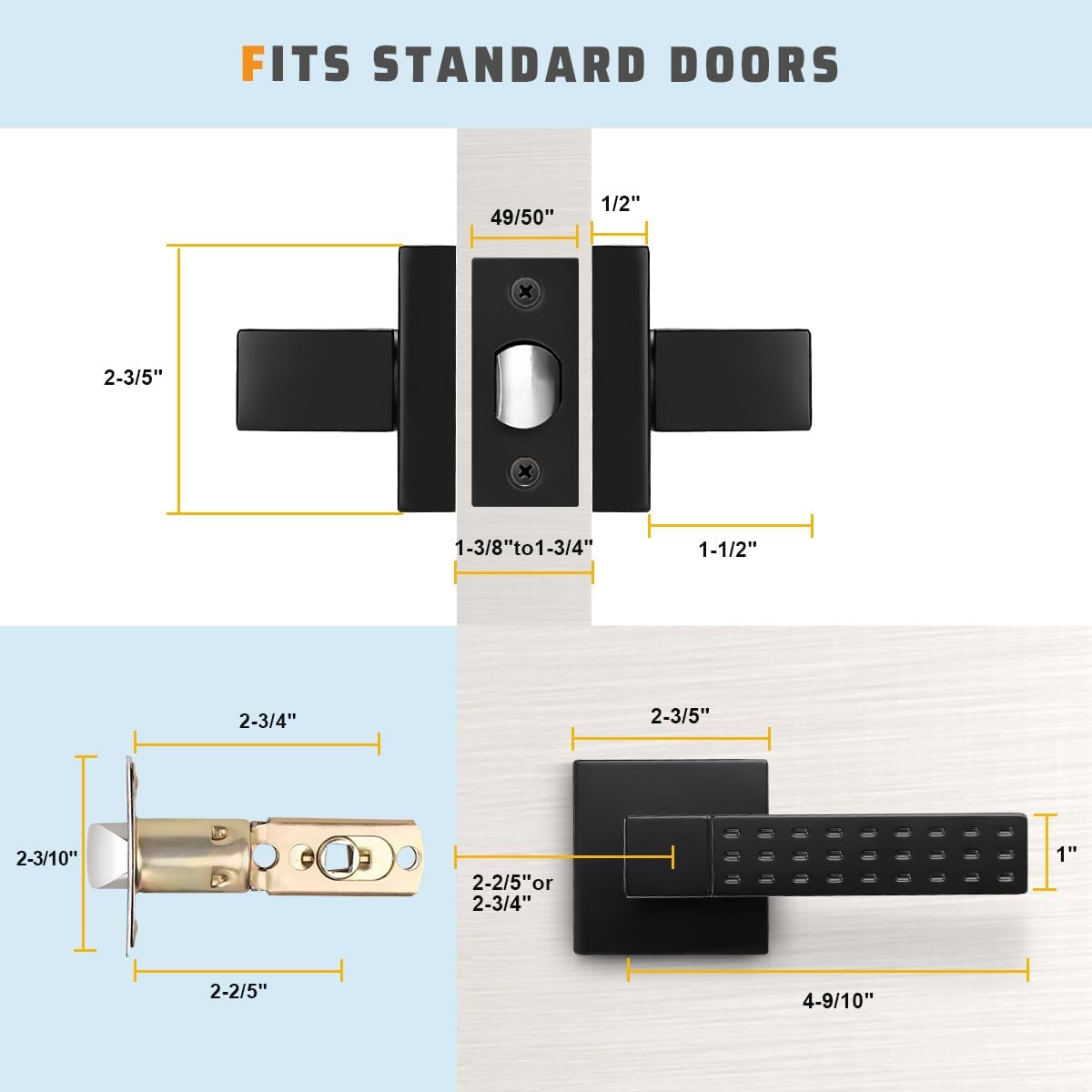 KNOBWELL Black Square Passage Door Handle – 2 Handles Interior Lever Set