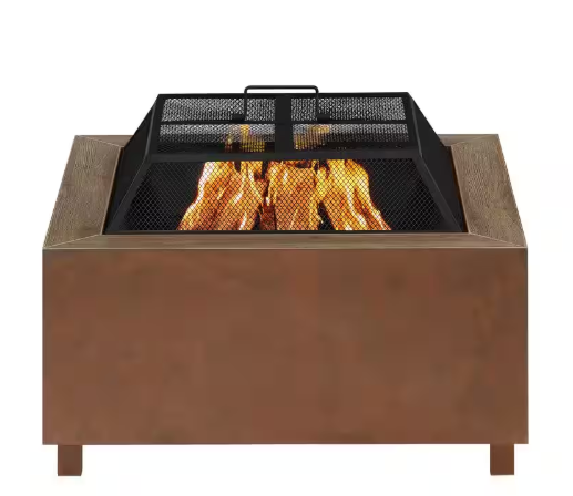 Nickleby 31" Low Smoke Wood Fire Pit – Brown Steel Frame with Tile Top, Grate, Cover & Poker Included