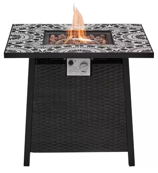 Tucson 30 in. Black Steel Propane Fire Pit Table – 50,000 BTU with Lava Rocks & Ceramic Tile Top