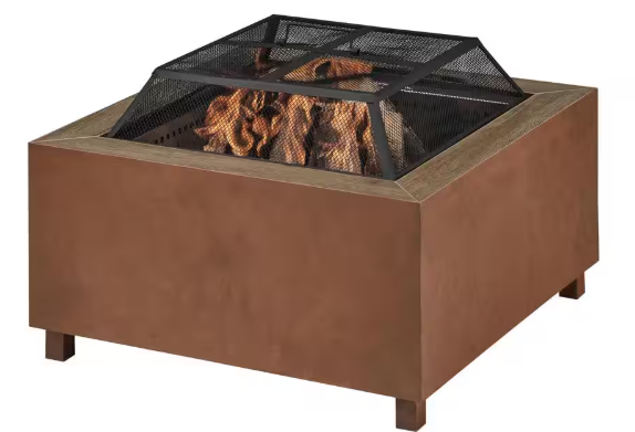 Nickleby 31" Low Smoke Wood Fire Pit – Brown Steel Frame with Tile Top, Grate, Cover & Poker Included